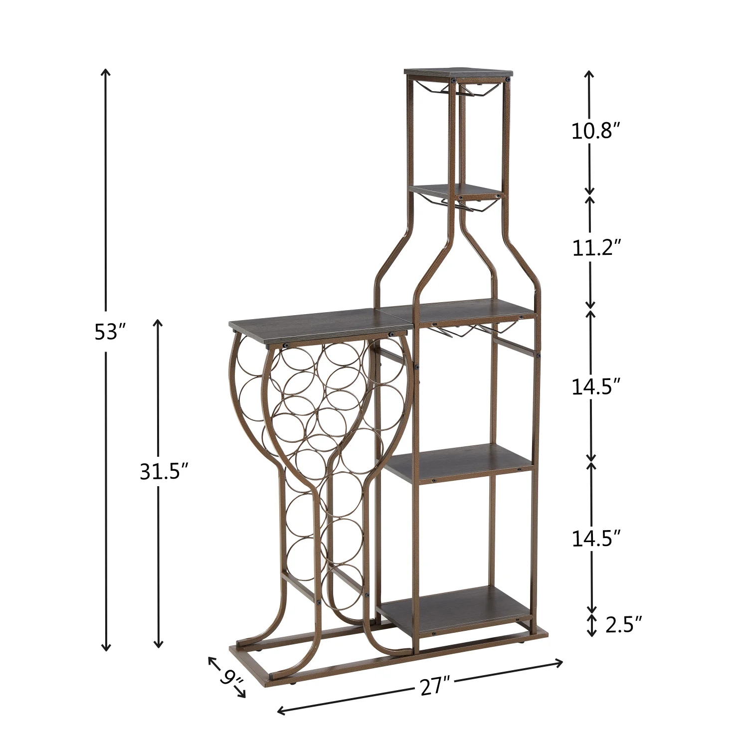 Grey 11 Bottle Wine Bakers Rack with Hanging Wine Glass Holder and Storage Shelves, 5 Tier Freestanding Wine Storage Bar for Kit