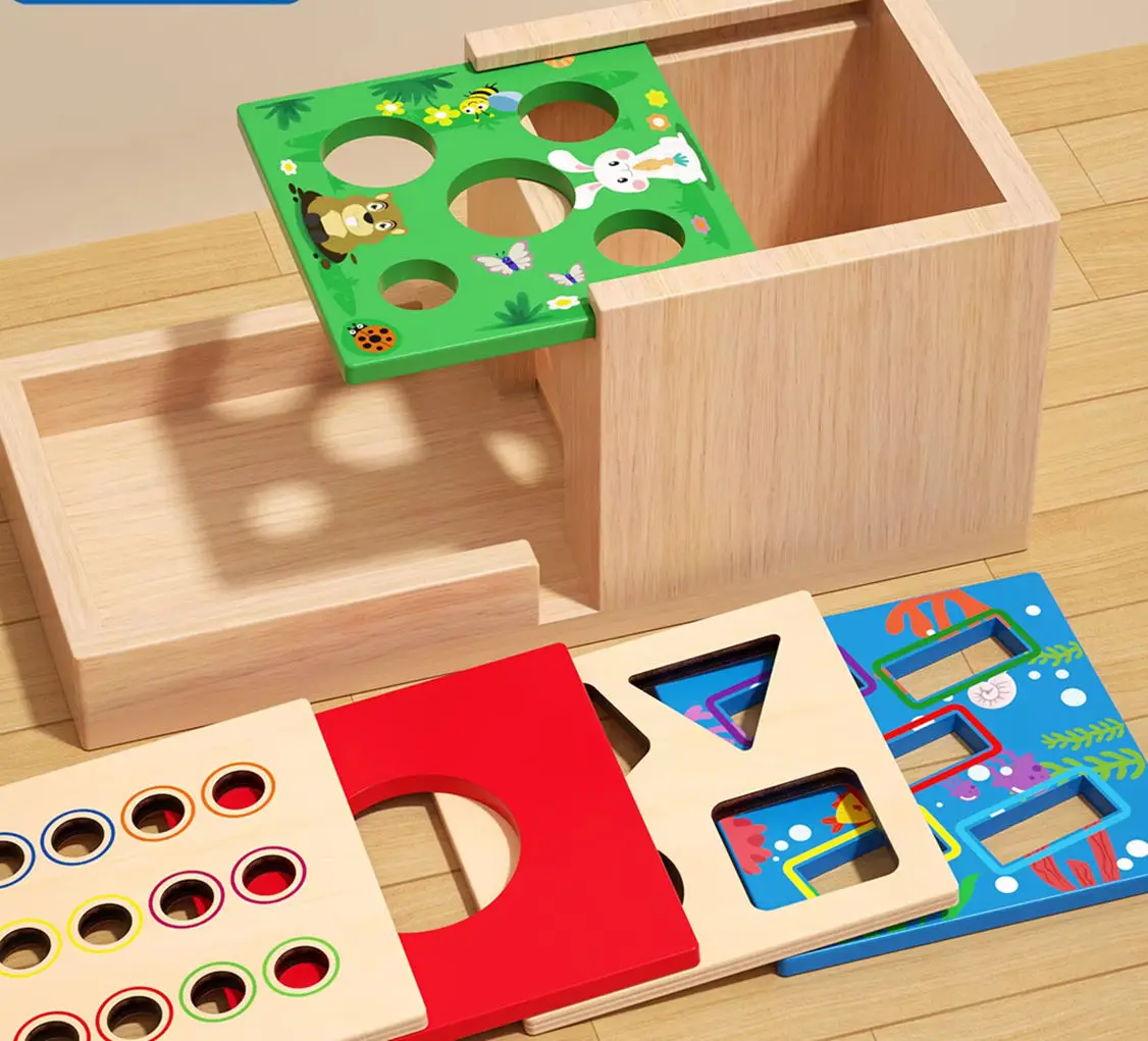 5 in 1 Montessori Wooden Activity Box, Kids Shape Sorting Matching Toy, Color Recognition Early Learning Educational Game