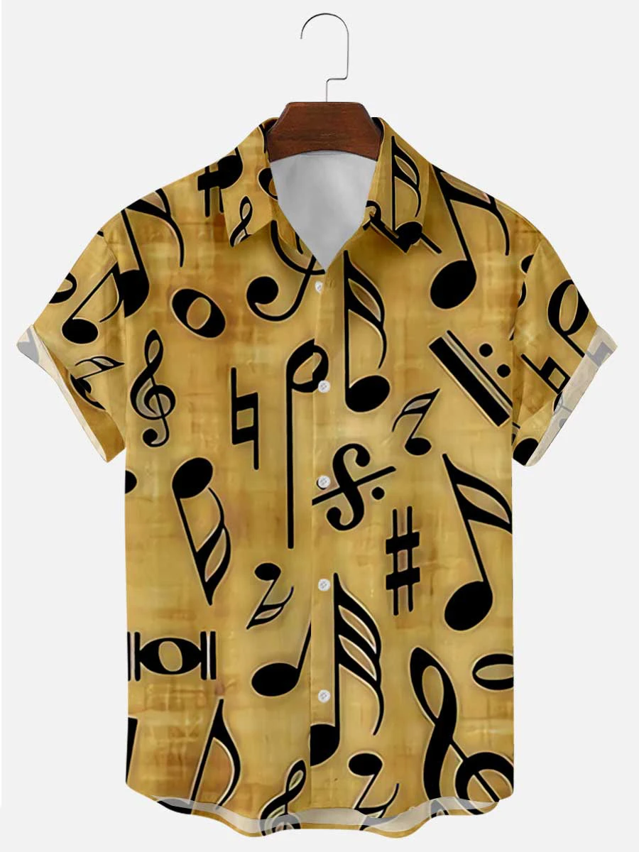 

2024 Summer New Men's Short Sleeve Shirts Music Symbol Number Printing Shirts Large Size