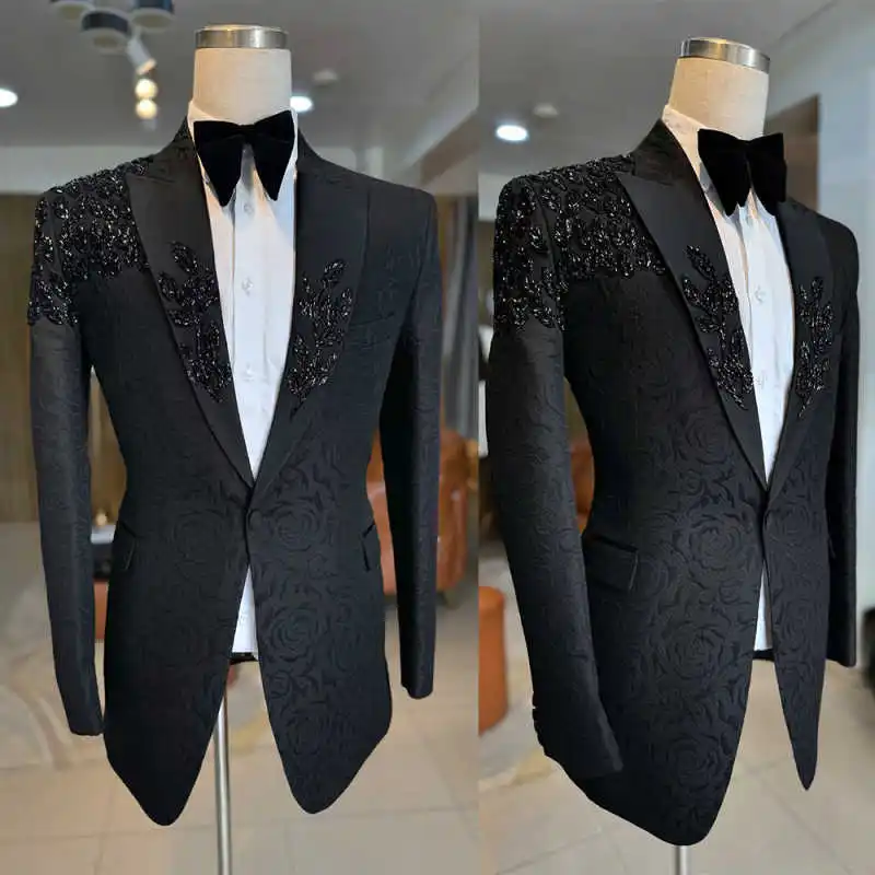 

Formal Men's Suits 2 Pieces Customized One Button Peaked Lapel Pant Sets Classic Fit Jacquard Beading Prom Male Party Wear