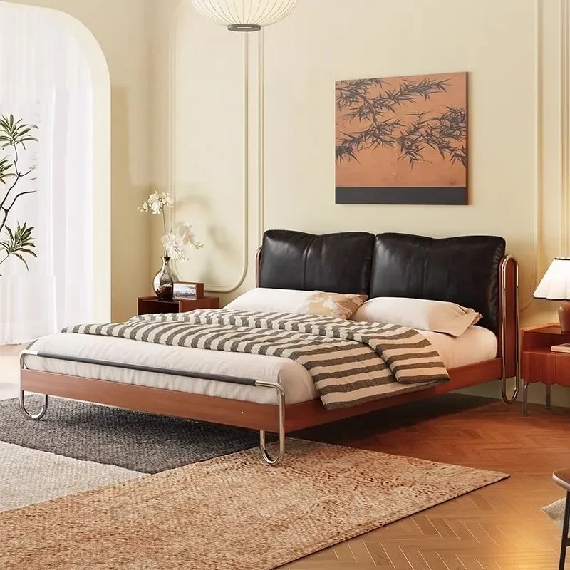 Mid‑Century Retro Bauhaus‑Inspired Double Bed Split Black Padded Headboard Solid Wood Frame Curved Metal Legs Upholstered Bed
