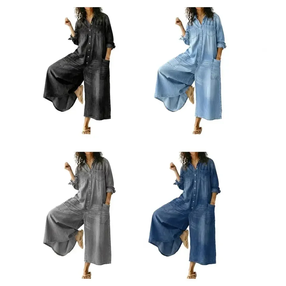 2026 Spring New Street Retro Trend Lapel Wide Leg Jumpsuit Women Fashion Elegant Design Long Sleeve Denim With Pockets