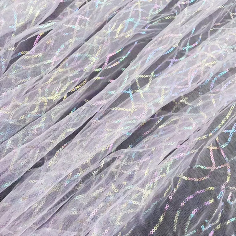 Tela de malla de arcoíris de rayas coloridas con lentejuelas de cadena de estampado en caliente, Material de nailon suave para proyectos de bricolaje de vestidos infantiles