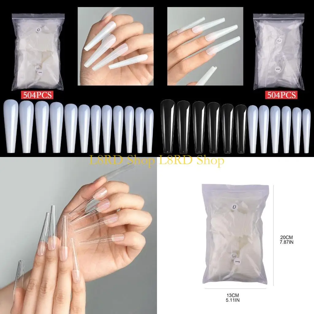 

L8RD 504pcs/set XXL Long Coffin Press On Tips for Extra Long Clear And Natural Full Cover False