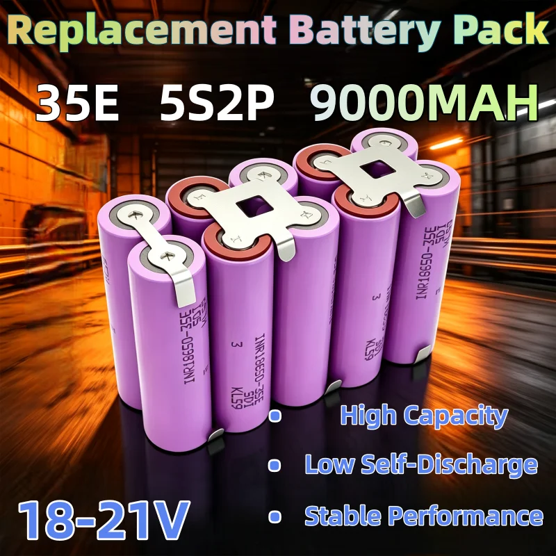 Batteria ad alta capacità 9000mAh 18V-21V 5S2P 18650 a bassa autoscarica, saldatura stabile in nichel per utensili elettrici cordless 18V