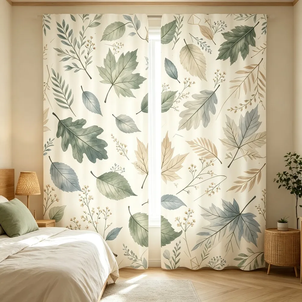 2PCS Digital Print Curtains, Green Botanical Leaves Plant Pattern, Fresh Natural Style for Living Room Bedroom Home Decor
