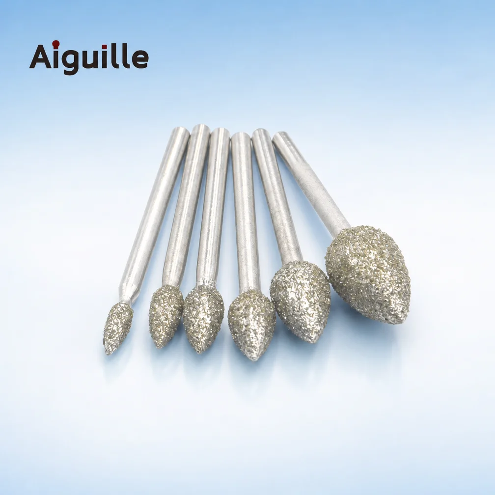 Aiguille 50pcs Olive-Shaped Diamond Burr 60# 3mm Shank Jade Carving and Polishing Metal Deburring Grinding Tool