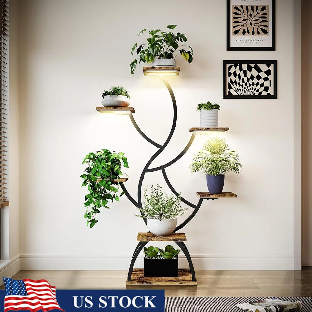 Indoor Plant Stand with Grow Light 7-Tier Plant Shelf Tree Design Houseplants Seedlings and Flower Display in Home Office