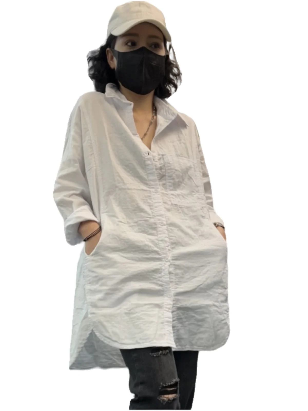 Loose White Cotton irt Women's Spring Summer Large Size Long Sve Cotton Linen Mid-Length Korean Sle Office Commute