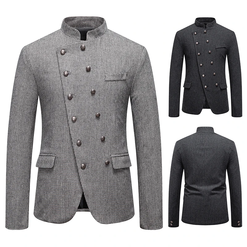 Mens Oblique Placket Double Breasted Blazer Masculino Vintage Designer Business Slim Suits Jackets Costumes Man Formal Uniform