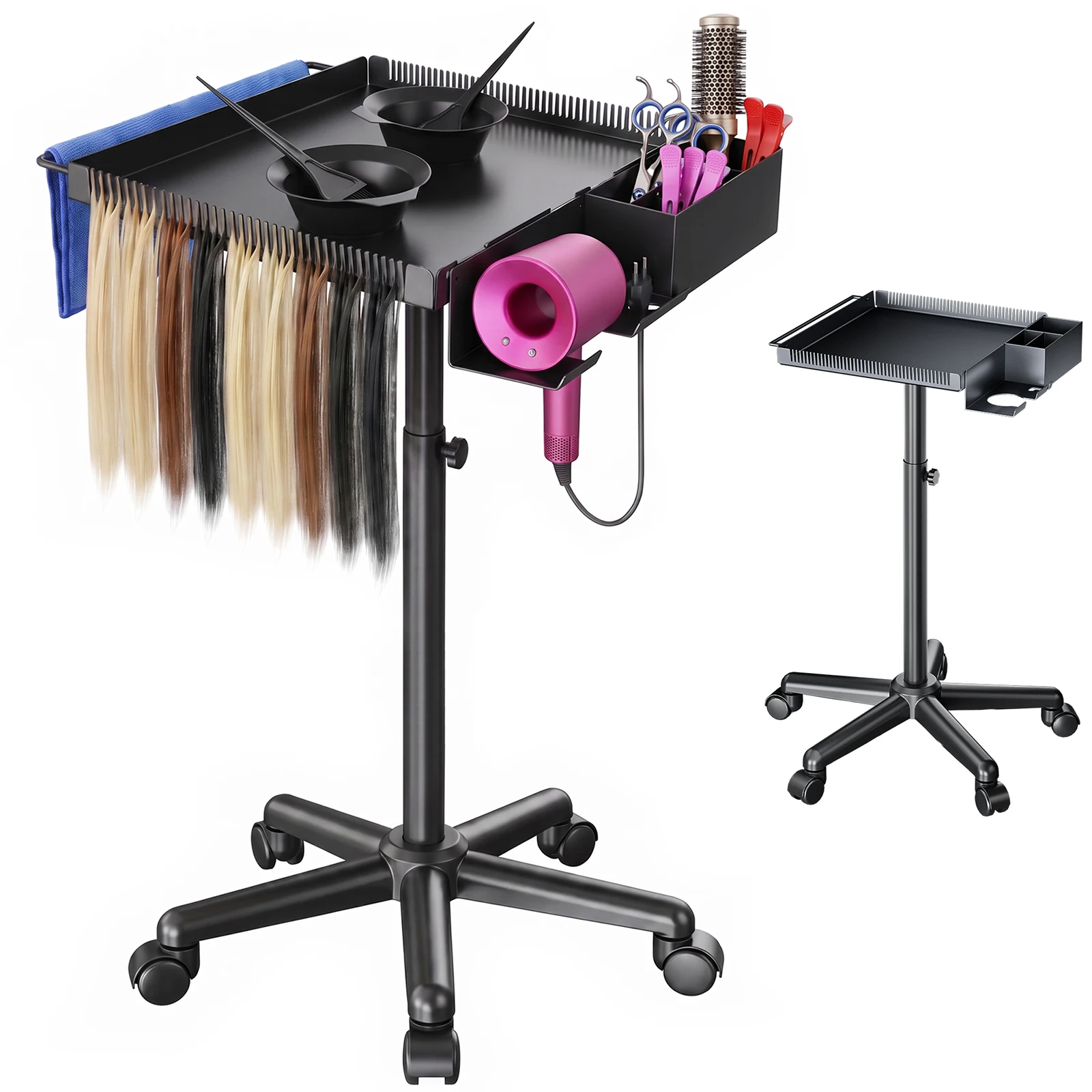 Height Adjustable Salon Stylist Tray Cart, Rolling Hair Extension Stand with Hair Dryer Holder & Storage Box