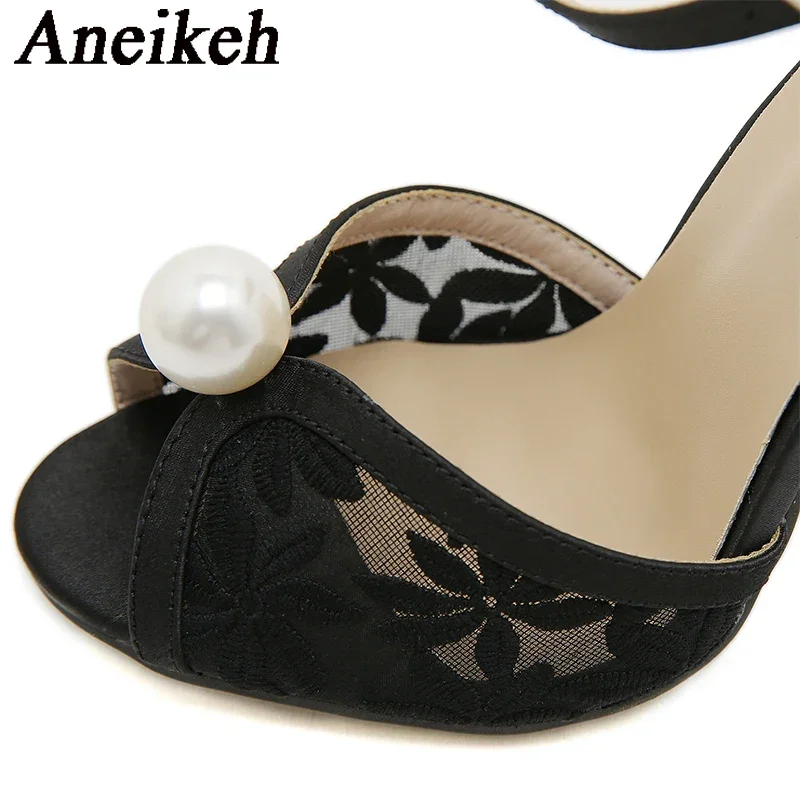 Aneikeh Fashion Summer Lace Mesh Pearls Peep Toe Women Gladiator Sandals Sexy Ankle Strap High Heel Ladies Party Dress Shoes