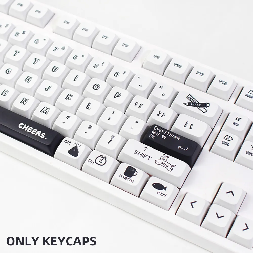 130 Keys Simple Black White Cartoon Personalized Keycap XDA Profile PBT Dye Sublimation KeyCap For MX Switch Mechanical Keyboard