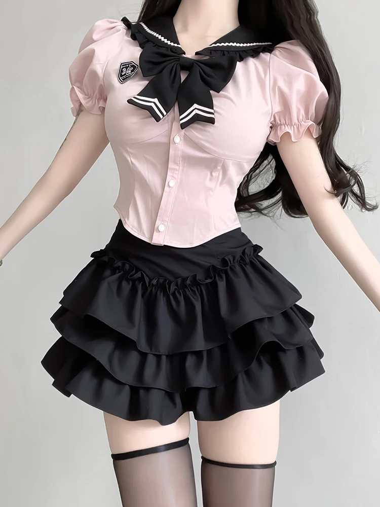 

Preppy Style Sweet 2 Piece Sets Women Japanese Jk Bow Puff Sleeve Pink Shirts Cute Casual Patchwork A Line Mini Lady Cake Skirts