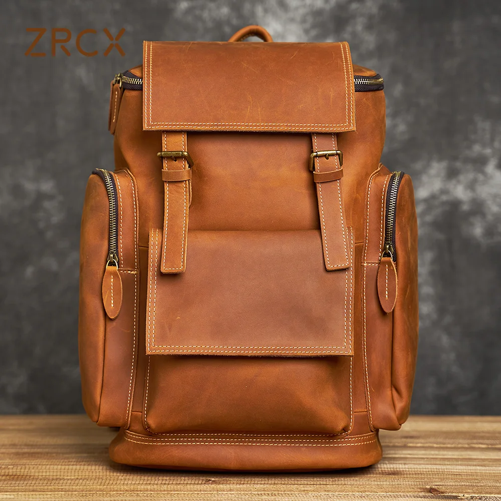 

ZRCX Vintage Men's Genuine Leather Backpack First Layer Cowhide Backpack Leisure Travel Bag Large Capacity Laptop Bag For 15inch