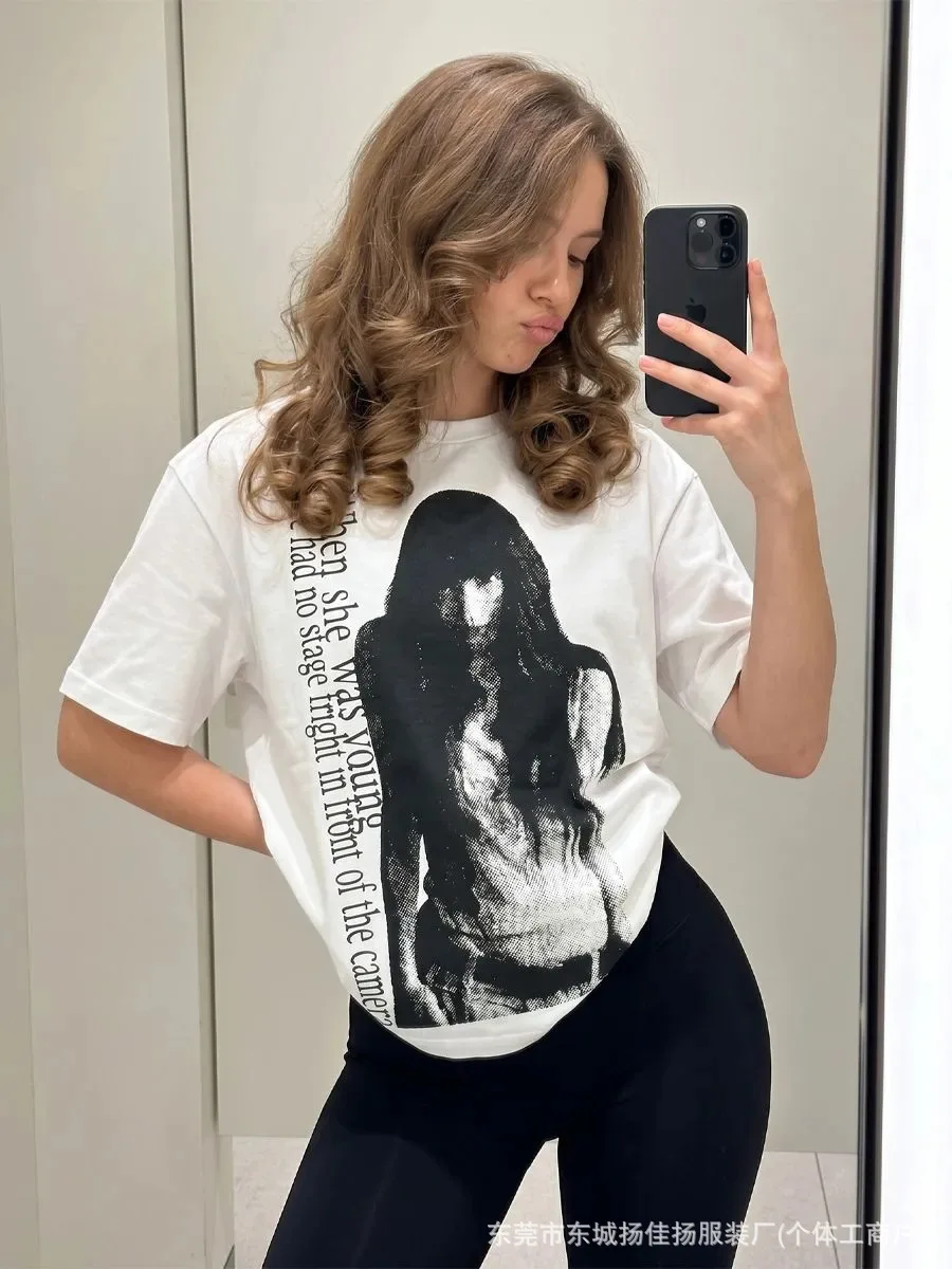 Vintage Portrait Print Oversized T Shirt Woman White Cotton T-Shirt 90s Grunge Retro Aesthetic Streetwear Women Festival Punk