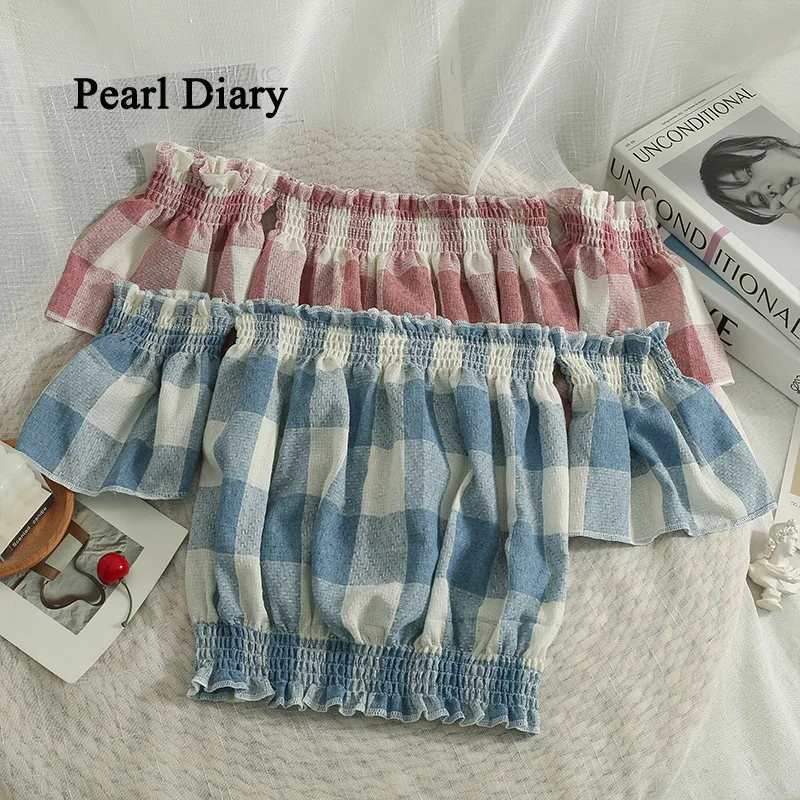 Pearl Diary Summer New Style Plaid Pattern Short Crop Top Fashion Sexy Dew Shoulder T-Shirt All-Match Thin Top Women