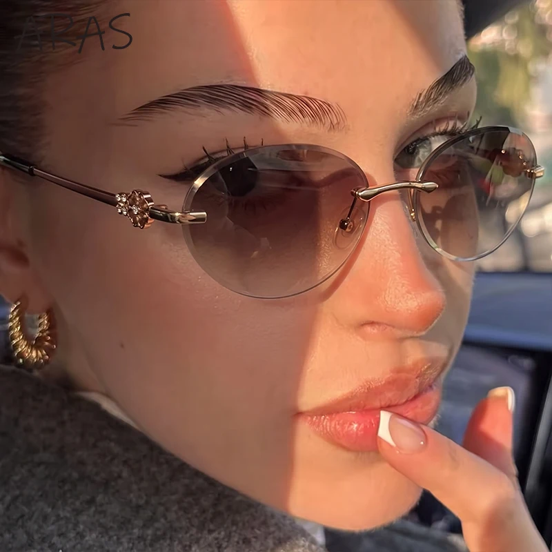Small Metal Frame Oval Rimless Sunglasses Women 2026 Luxury Brand Vintage Y2K Punk Gradient Frameless Sun Glasses Shades UV400