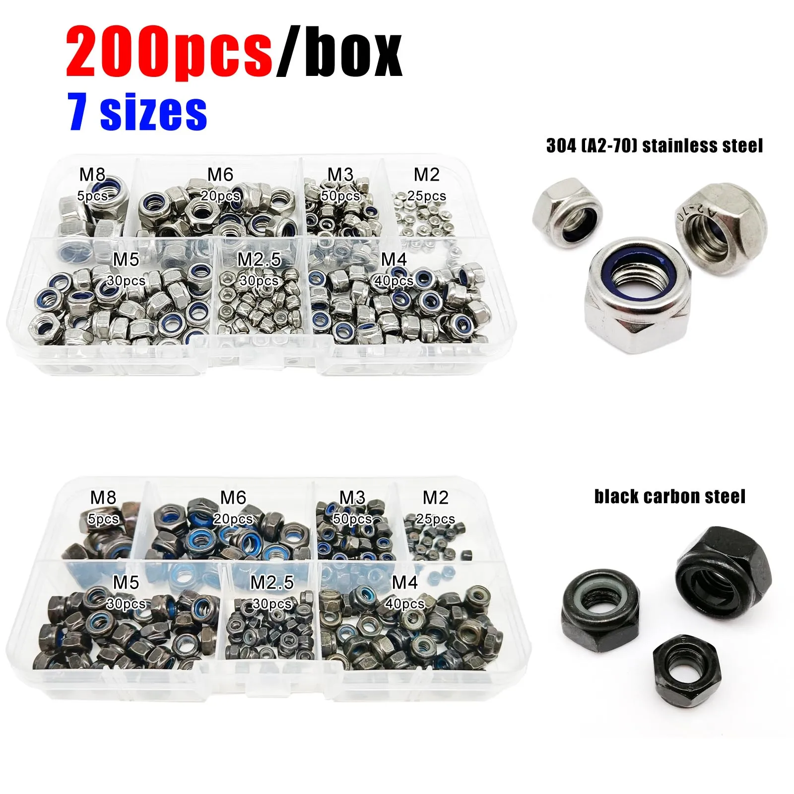 200pcs/box Mix M2 M2.5 M3 M4 M5 M6 M8 Set Hexagon Nylon Insert Lock Nut Hex Self Locking Nylock Locknut Black Stainless Steel