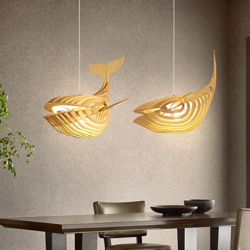 Fish wooden chandelier art creative personality modern minimalist Japanese restaurant whale lamp bedroom balcony lamp