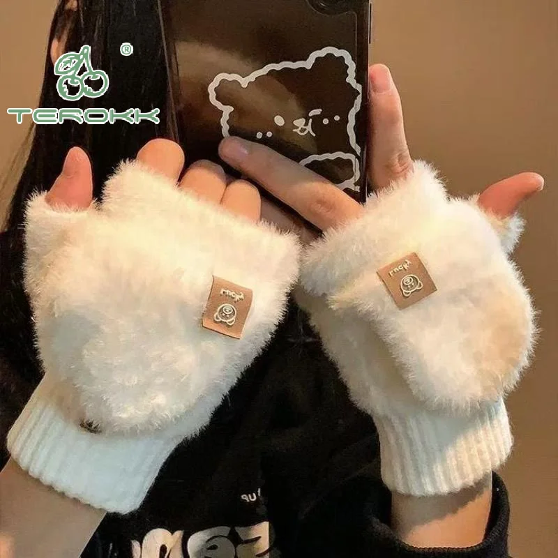

Женские зимние перчатки, теплые плюшевые студенческие варежки с откидным верхом, офисные мягкие пушистые уличные толстые антихолодные перчатки с полупальцами