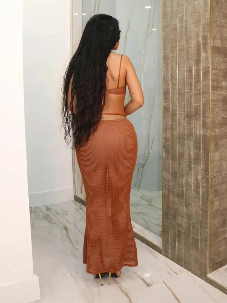 

Summer Women Mid-Calf Sexy&Club Grid Two Piece Set K24S44749 Girl Solid Chain Camisole+Hip Skirt Outfit Party Attirewear