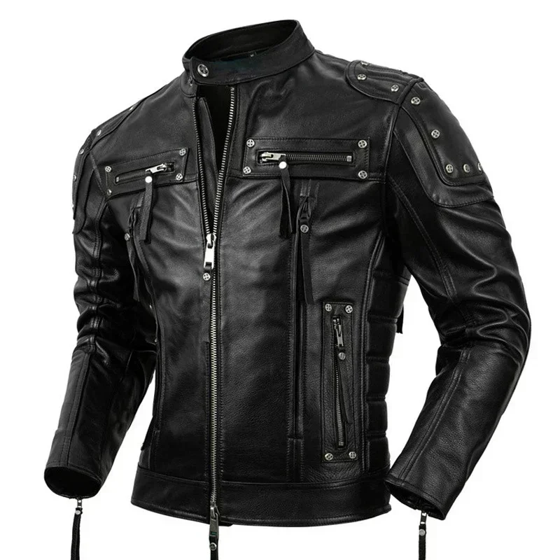 Protective Motorcycle Clothing Cowhide Leather Men's Riding Calfskin Jacket Biker Coat Men