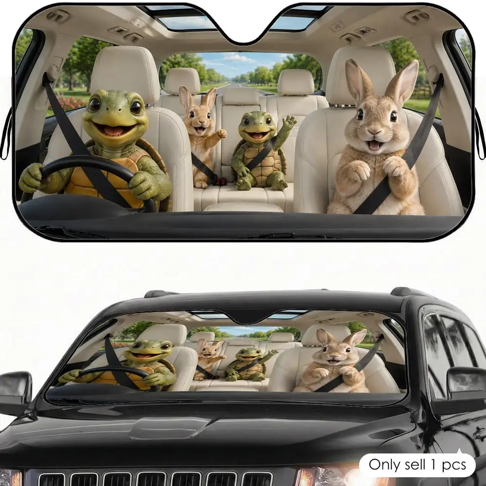 

Turtle and Bunny Animal Sun Visor Car Windshield Sunshade UV Protection Reflective Foldable Heat Insulation Cover