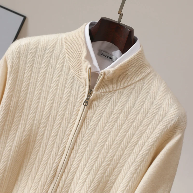 Men\'s New Autumn And Winter Top 100% Merino Wool Knit Sweater With Zipper Stand Up Collar And Wheat Grain Pattern Cardigan