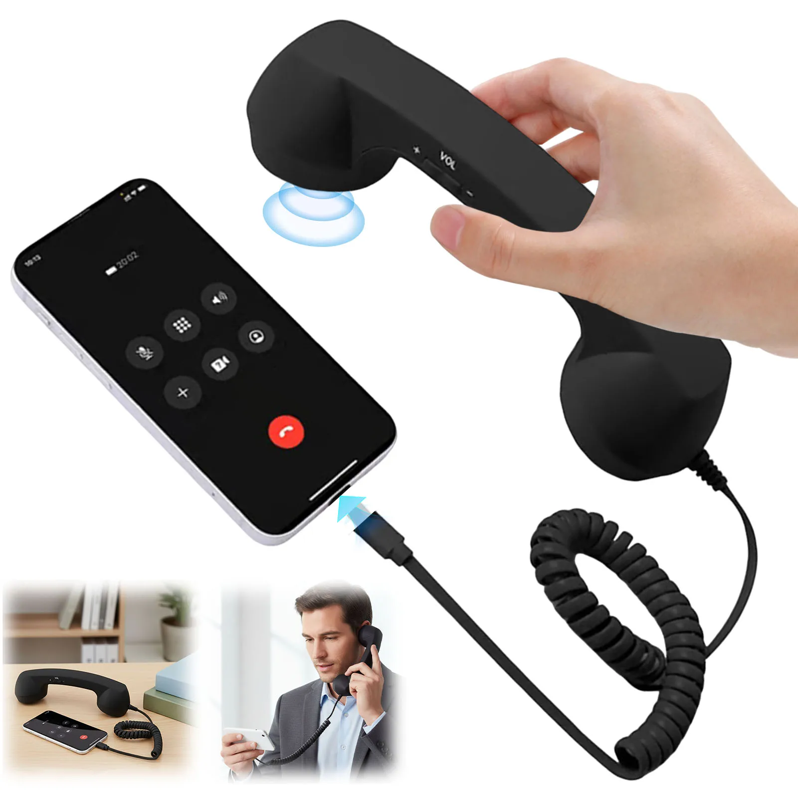 Retro Phone Handset Type-C Creative Telephone Head Set Portable Vintage Phone Headset for Cell Mobile Video Conferences
