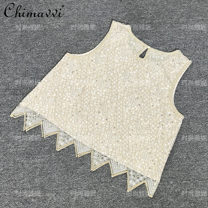 ファッションパール光沢のあるスリムスキニーベスト女性の 2025 夏服新重工業多用途スパンコールビーズサスペンダータンクトップ