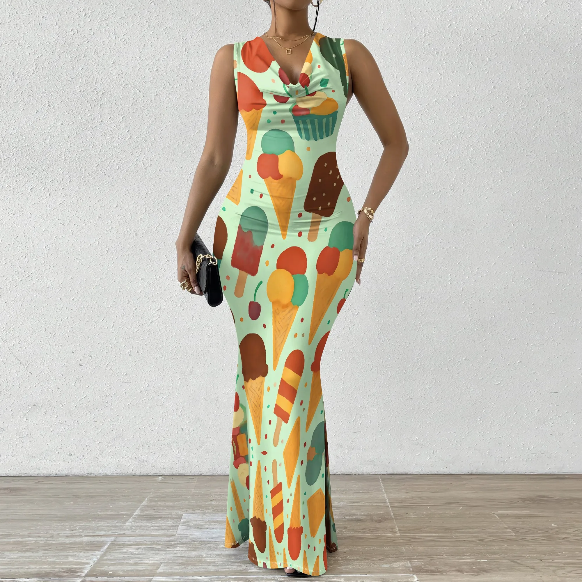 

Ice Cream Print Maxi Dress XS‑2XL Sleeveless Bodycon Style with Cowl Neck for Dessert Party, Summer Vacation or Sweet Beach Look