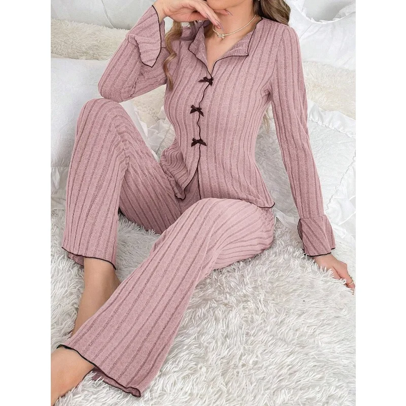 European and American Autumn and Winter Sleepwear Women's Lapel Bow Fashion Sexy Long Sleeved Pants Home Suit Women