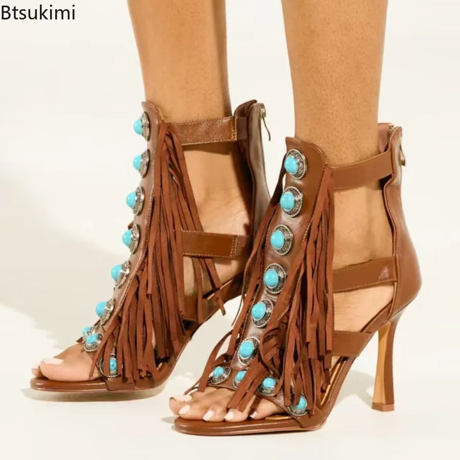 New Summer Women's Brown Fringe Ankle Boots Round Toe Thin High Heels Female Sandals Hollow Out Cross-tied Sexy Ladies Pumps