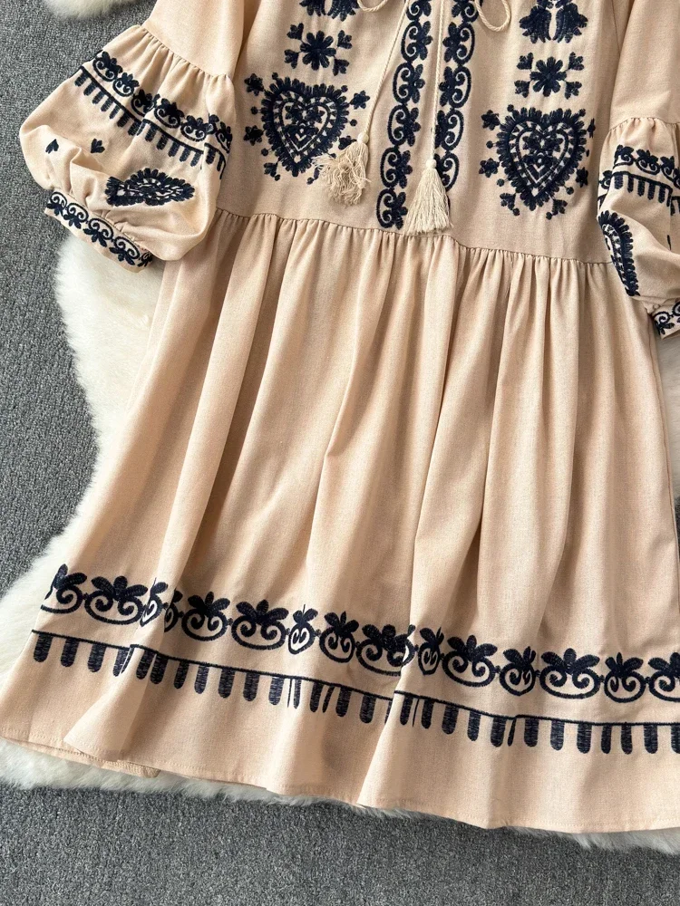 Women\'s Spring Summer Dress Bohemian Retro Ethnic Style Diamond Cotton Linen Blend Embroidered Lantern Sleeves Mini Dress A20