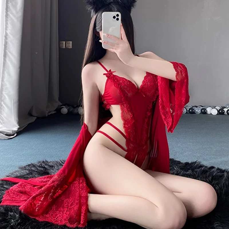 Hot Crotchless Red Sexy Women\'s Underwear Lace Hollow Backless Bra Teddy Erotic Costume Deep V Bow Women Lingerie Exotic Outfit