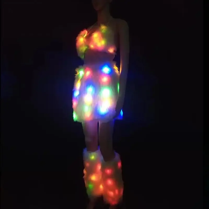 Women's Halloween Costumes LED Light Up Fur Bra Top Skirt Leg Warmer Nightclub Party Rave Outfit Luminous Gogo Dancer Stage Wear