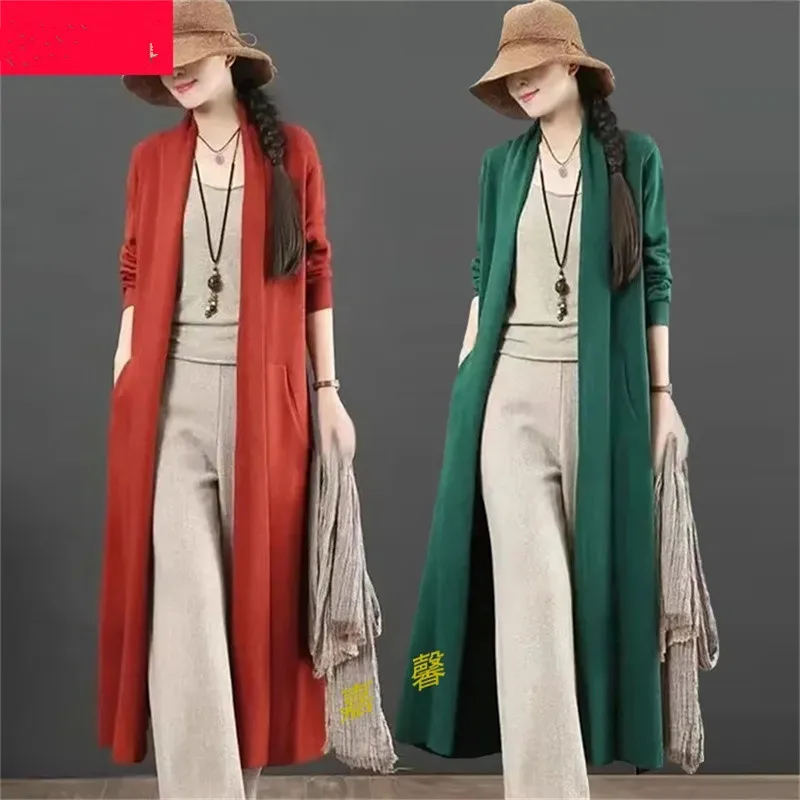 Solid Color Fashion Knitted Sweater For Women Autumn 2024New Korean Casual Loose Fitting Long Cardigan Outerwear Trend Coat Long