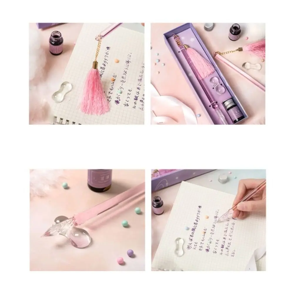 Supplies Transparent High Quality Dip Pen Set with Ink Crystal Glass Pen with Tassels Student Stationery Glitter Pen Gifts Box