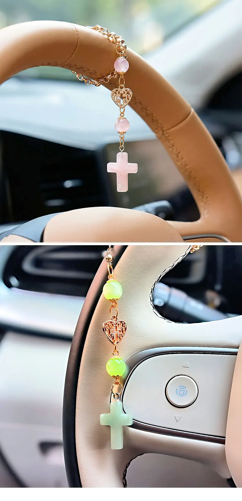 Natural crystal cross pendant for a car mirror
