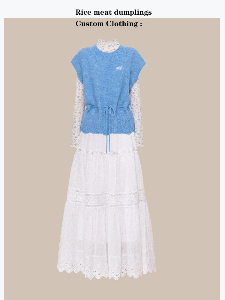

Korean Style Women's Knitted Short Sleeve Top And Floral Mesh Base Long Skirt Set High Waist Spring Fashion Ensemble