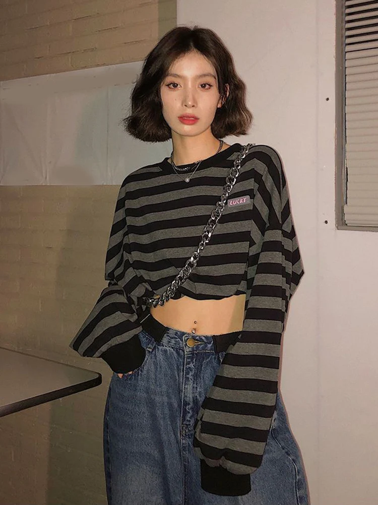 

Jmprs Sexy Cropped Y2K Striped Sweatshirts Women Harajuku Gothic Tops Vintage Streetwear Casual Bf Oversize Long Sleeve Pullover