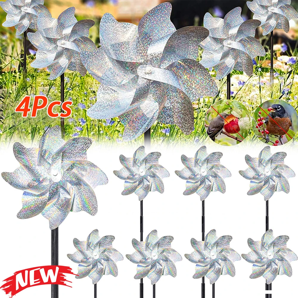 4Pcs Bird Drive Windmill Sparkly Bird Repeller Pinwheels Reflective Bird Scare Deterrent Driving Windmill for Garden Lawn Yard