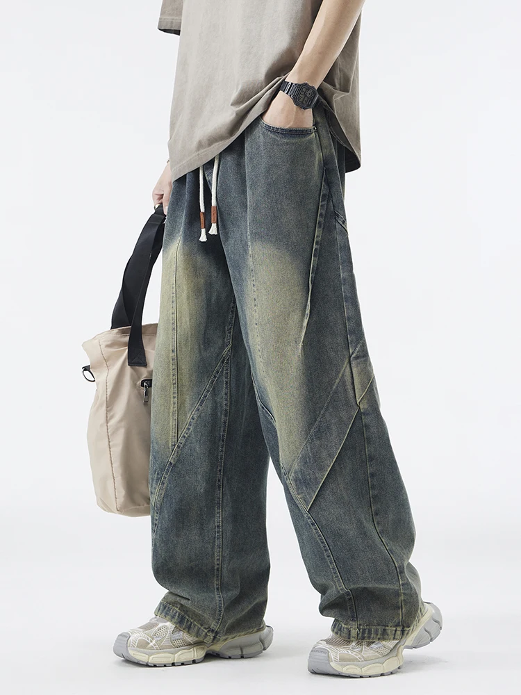 

Мужские джинсы Nuthink в американском ретро-стиле, широкие, с лоскутным узором, модные, свободные, прямые, длинные брюки, весна 2026, повседневные, из хлопка и полиэстера...