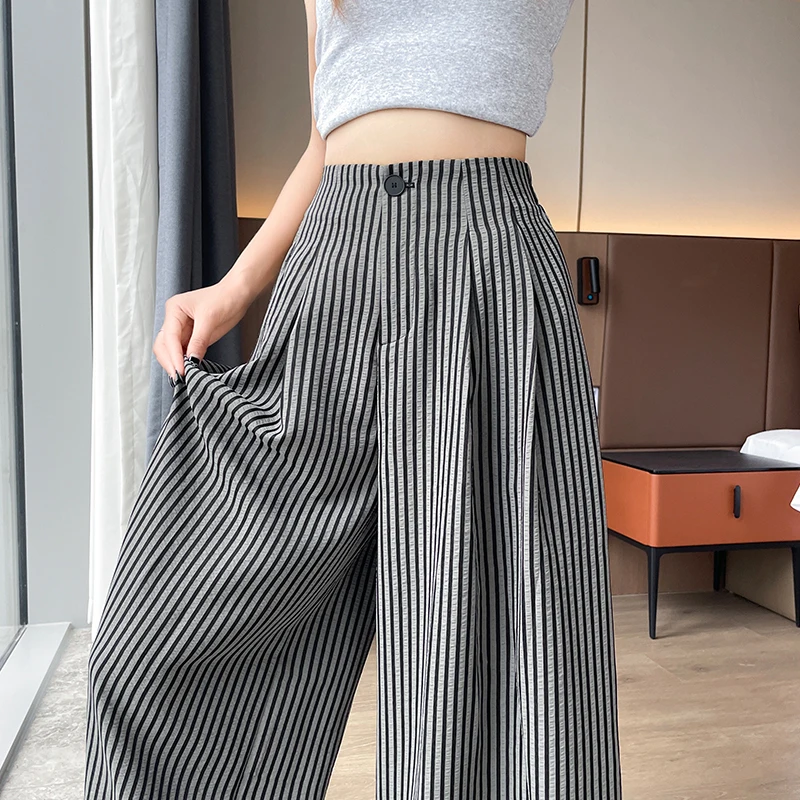 2025 neue Vintage Gestreifte Baumwolle und Leinen Hohe Taille frauen Breite Bein Hosen Taste Gerade Lose Volle Länge Hosen weibliche
