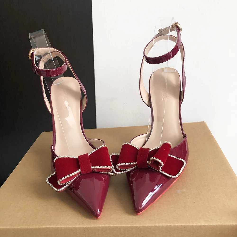 Heelgoo Designer Wine Red  With Bow High Heel Sandals Women's Sexy Pointy Toe Backless Ankle Strap Stiletto Pumps 12cm 10cm 8cm