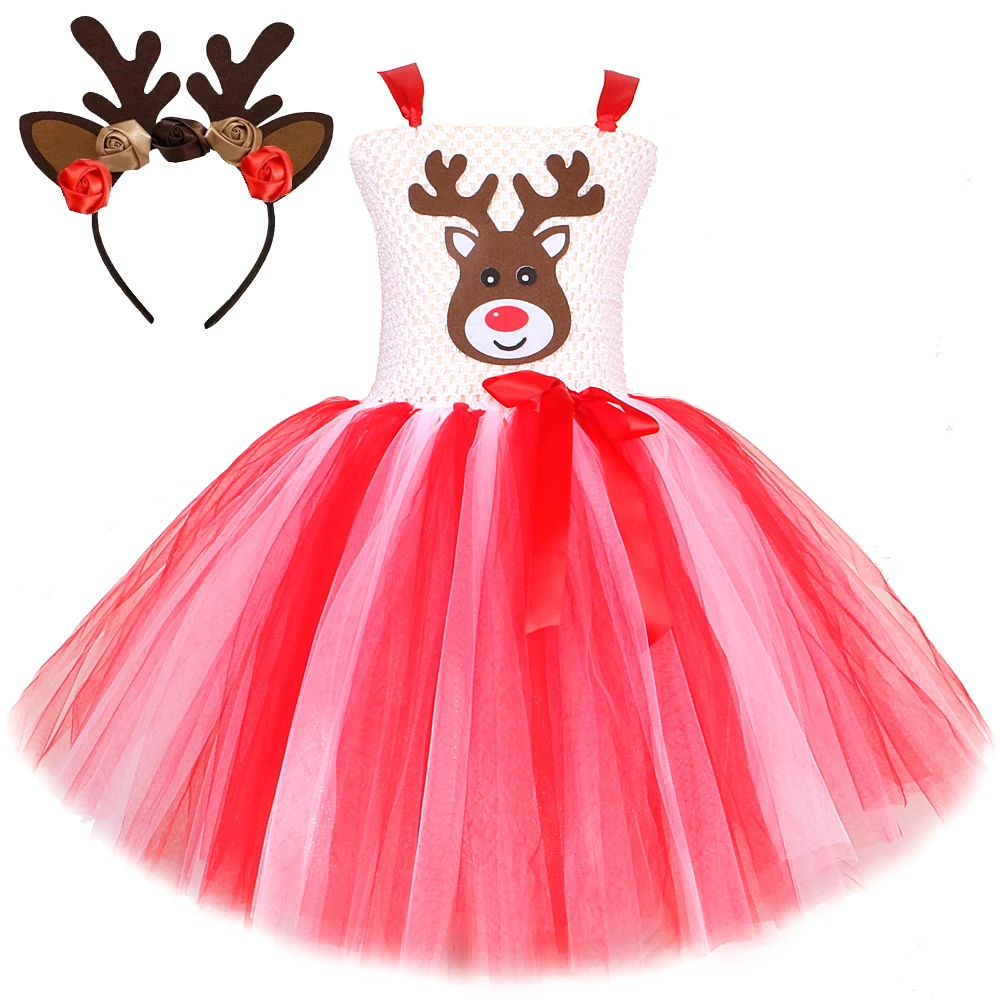 Christmas Deer Costumes for Baby Girls Xmas Elk Carnival Party Dress with Hair Bow Kids Reindeer Outfit Children New Years Tutus