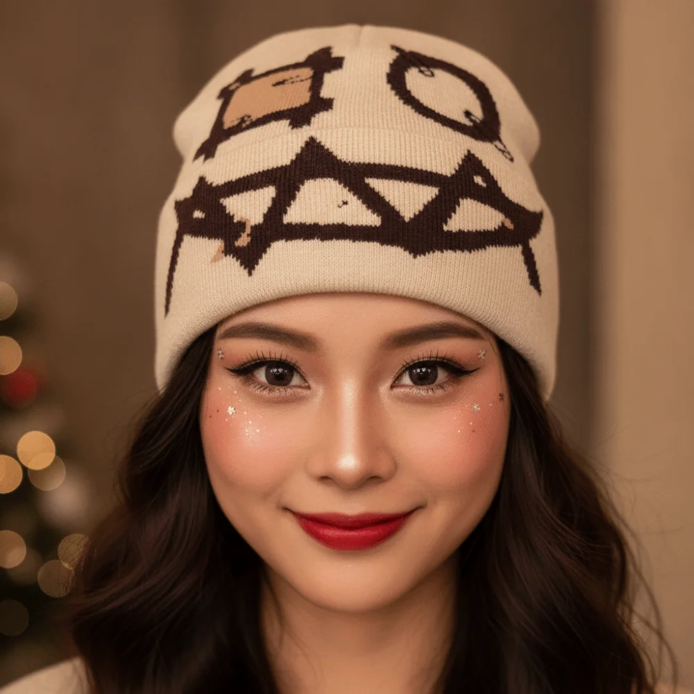 Printed Pattern Printed Pin Beanie High Elasticity Winter Warmth Demon Face Hat Acrylic Yarn Flat Design Ghost Mask Cap