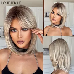 LOUIS FERRE blond krótkie warstwowe peruki z prostymi włosami Ombre blond boczne rozstające się syntetyczne włosy peruka naturalny wygląd włókno termoodporne