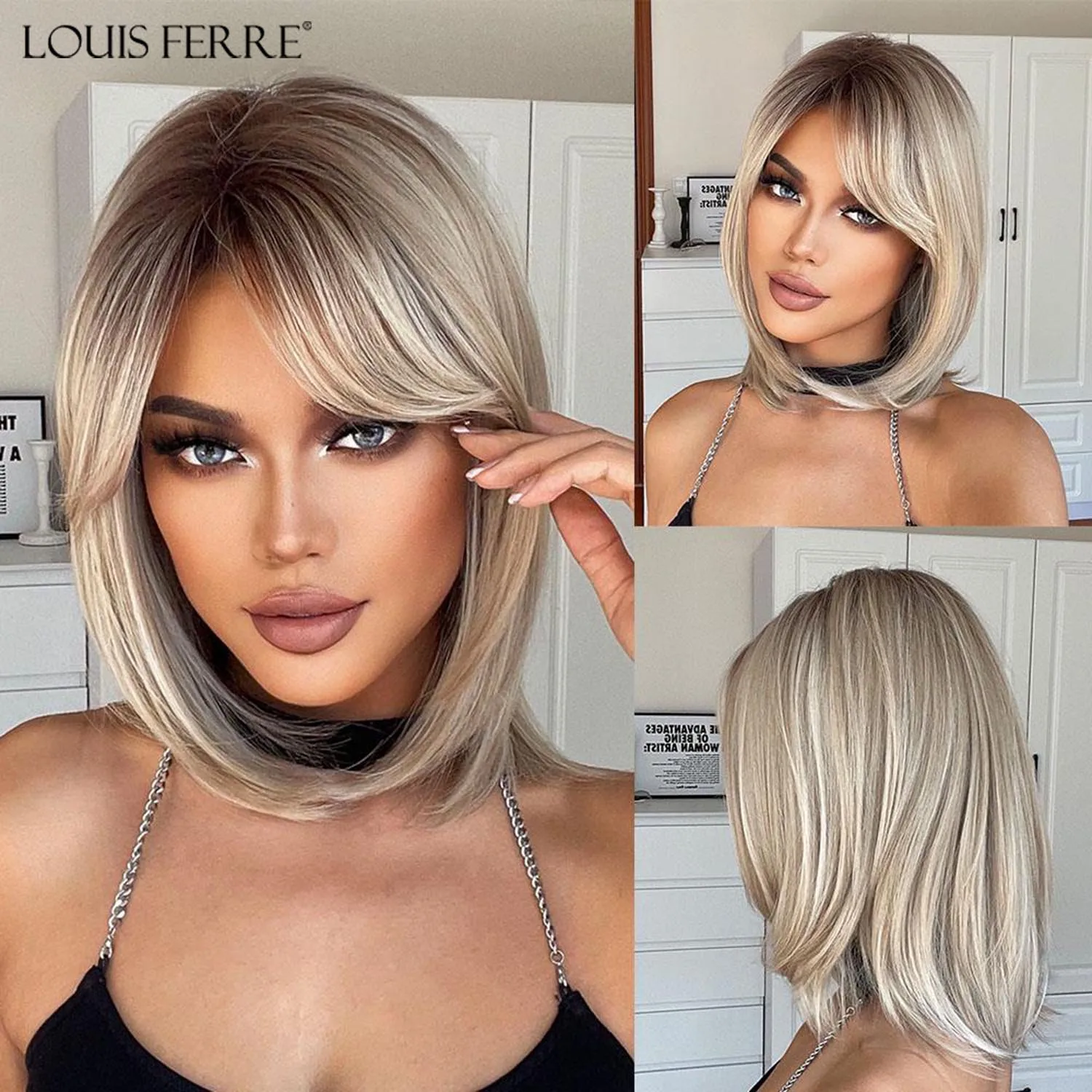 LOUIS FERRE Blonde Short Layered Straight Wigs Ombre Blonde Side Parting Synthetic Hair Wig Natural Looking Heat Resistant Fiber